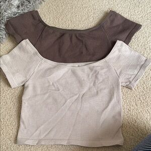 Together Women's Ribbed Off-Shoulder Crop Tops - Brown and Cream